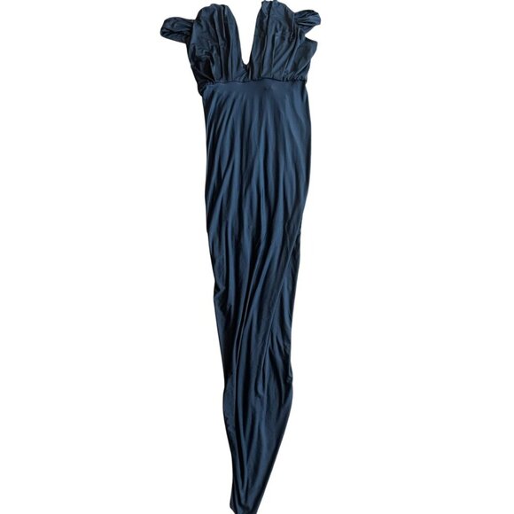 Pia Gladys Perey Dionne Dress Stretch Grey Gathered High Slit Fitted Size Large - Picture 9 of 15